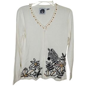 Storybook Knits Safari Zebra Button Cardigan Small Cream #212 Cottagecore